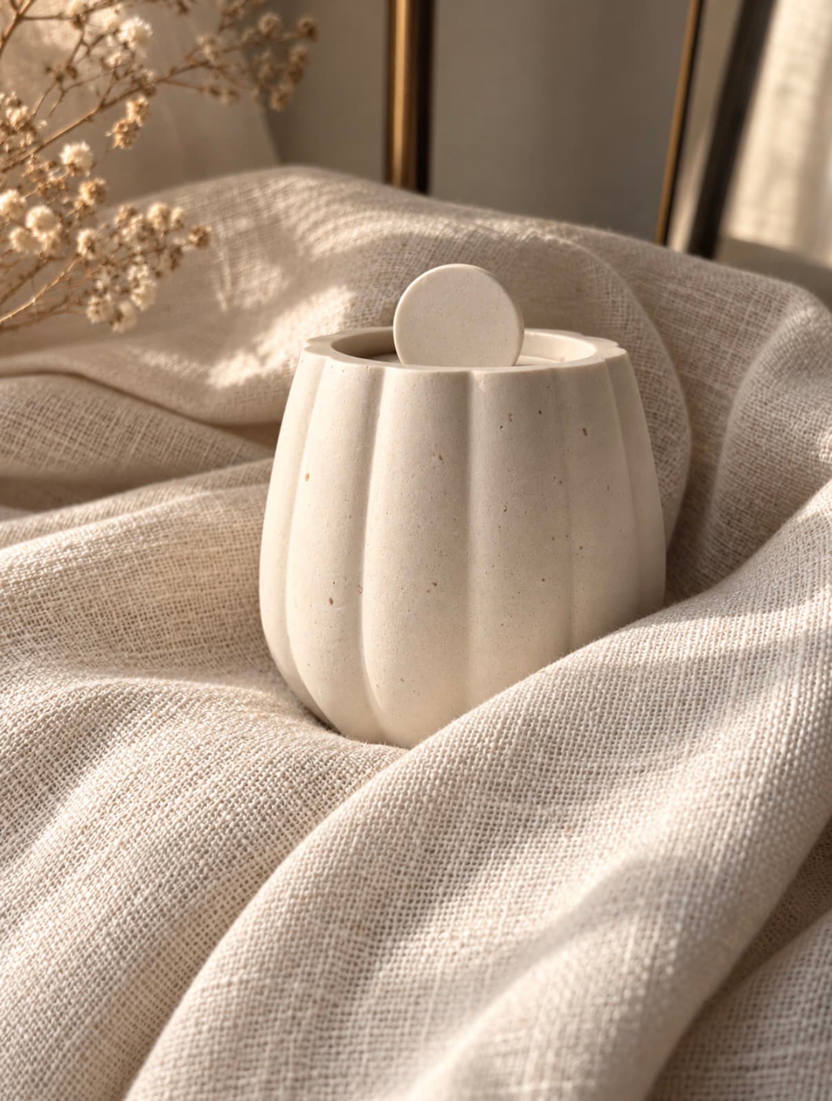 Fluted Jesmonite jar on linen